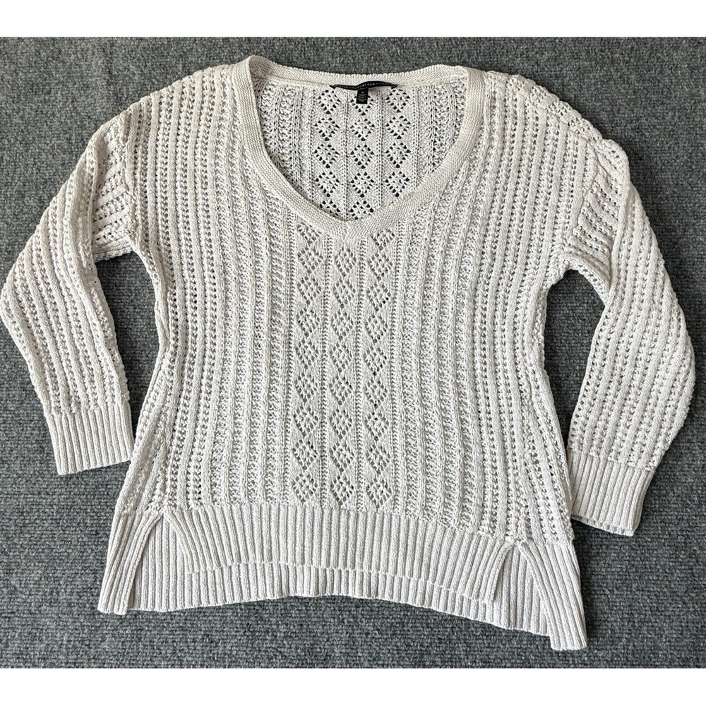 White House Black‎ Market Linen Blend Crochet V-Neck Sweater Size Small